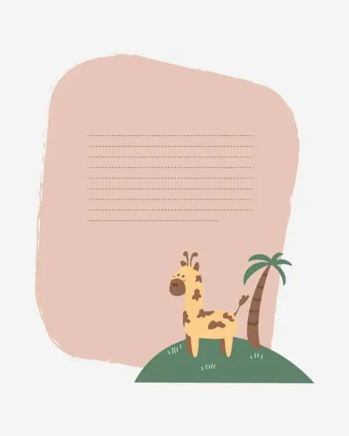 Vector illustration of Vector children's card with a giraffe on the island. Text templates for children's party, baby shower, cards, invitations, diplomas.
