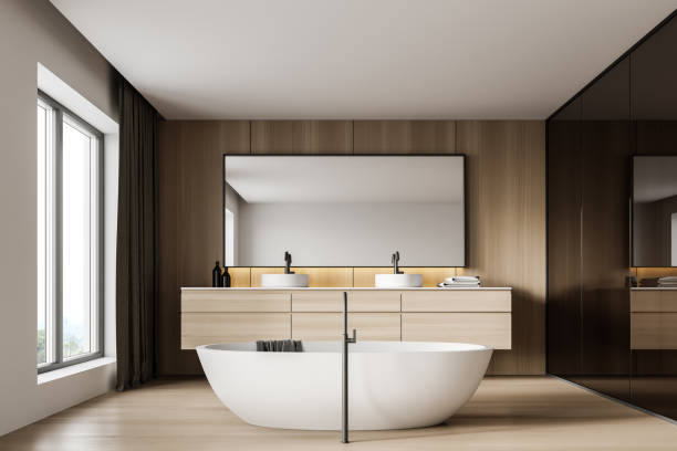 istock Modern wooden and white bathroom interior 1297035394