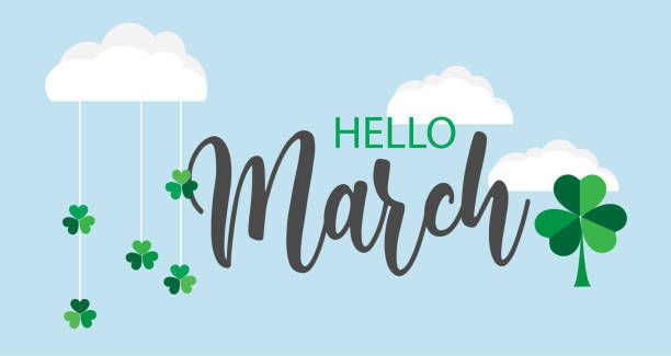 Hello March vector backgrHello March vector backgroundoundHello March vector background Hello March vector background. Cute lettering banner with clouds and clovers illustration. march stock illustrations