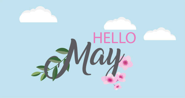 Hello May vector background Hello May vector background. Cute lettering banner with clouds and flowers illustration. may stock illustrations