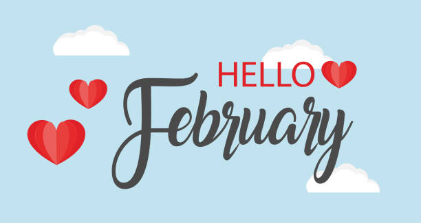 здравствуйте, февраль вектор фона. симпатичные надписи баннер с облаками и сердца иллюстрации. - февраль stock illustrations