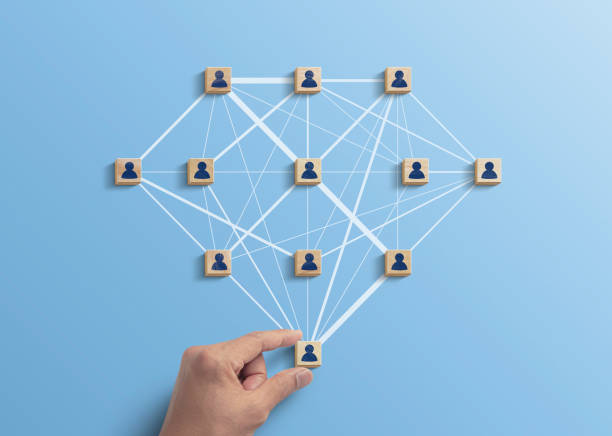 istock Human resources management, teamwork management or business strategy to success concept. Hand is arranging wooden blocks with human icon in polygon diamond shape network on blue background. 1297036650