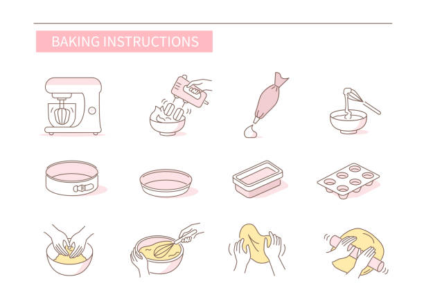 baking instruction Instruction How to Prepare and Cook Dough for Bakery. Baking Ingredients, Utensil and Food Preparation Symbols. Dough Flour Recipe. Flat Vector Illustration and Icons set. rolling dough stock illustrations