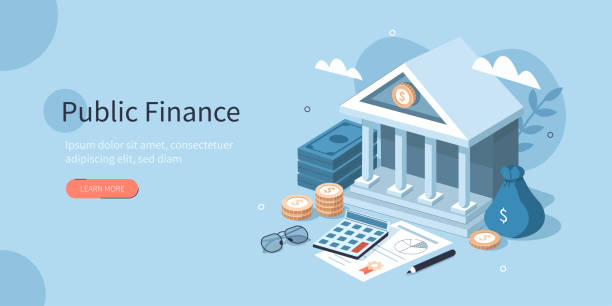 public finance Coins, Banknotes, Financial Documents Lying Near Government Finance Department or Tax Office Column Building. Public Finance Audit Concept. Flat Isometric Vector Illustration. loan illustrations stock illustrations
