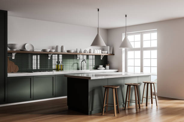 istock White and green kitchen corner with bar 1297037832