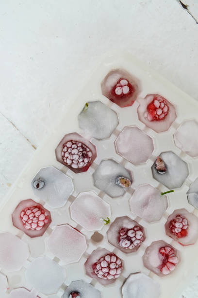 istock Ice cubes with berries. Ice tray with berries on white background. Top view 1297037891