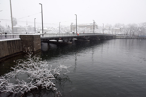 Zurich city with Quai - Bridge captured during a snowy day. The image also shows a broken branch felt down from heavy snow.
