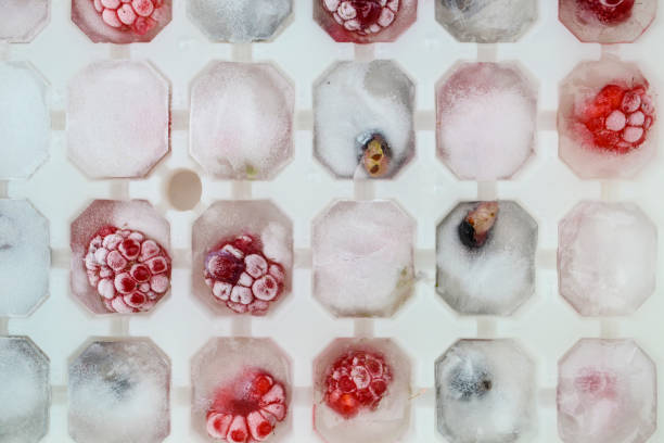 istock Ice cubes with berries. Ice tray with berries on white background. Top view 1297038235