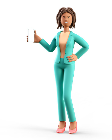 3D illustration of standing african american woman holding smartphone and showing at blank screen. Cartoon smiling elegant businesswoman pointing hand at phone, isolated on white background.