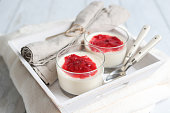 Homemade Strawberry Panna Cotta Dessert with Vanilla and Strawberry Sauce