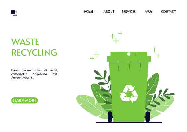 Vector illustration of Recycling landing page. Green trash can on a background of leaves. Waste conversion and use of secondary raw materials. Landing page design. Vector illustration in a flat style.