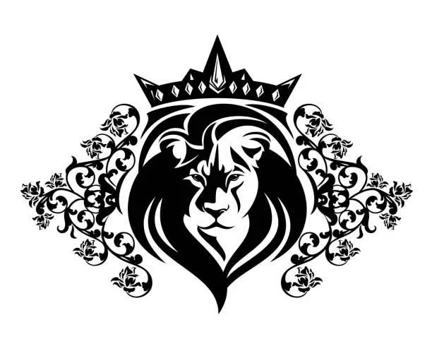 Vector illustration of lion king with crown among heraldic rose flowers black and white vector portrait
