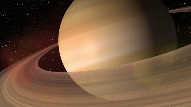 Giant gas planet Saturn and rings CG animation. Realistic 3D rendering of beautiful planet Saturn behind of Nebula