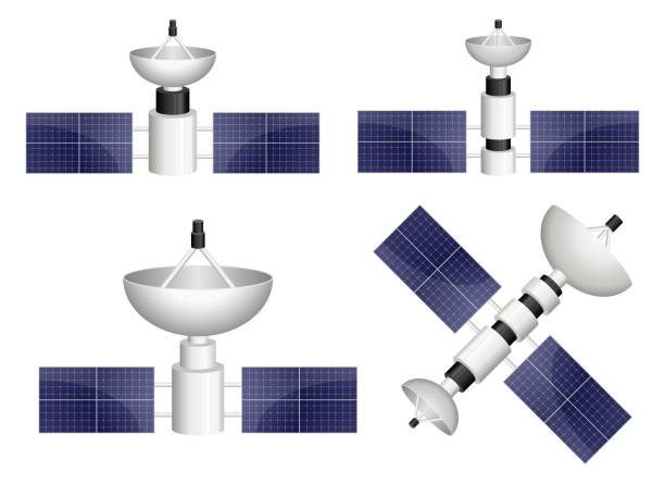 ilustraciones, imágenes clip art, dibujos animados e iconos de stock de ilustración de diseño vectorial satelital aislada sobre fondo blanco - satellite global positioning system surveillance satellite dish