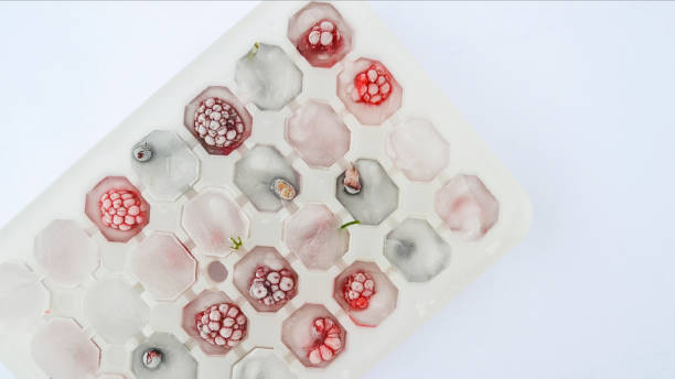 istock Ice cubes with berries. Ice tray with berries on white background. Top view 1297043894
