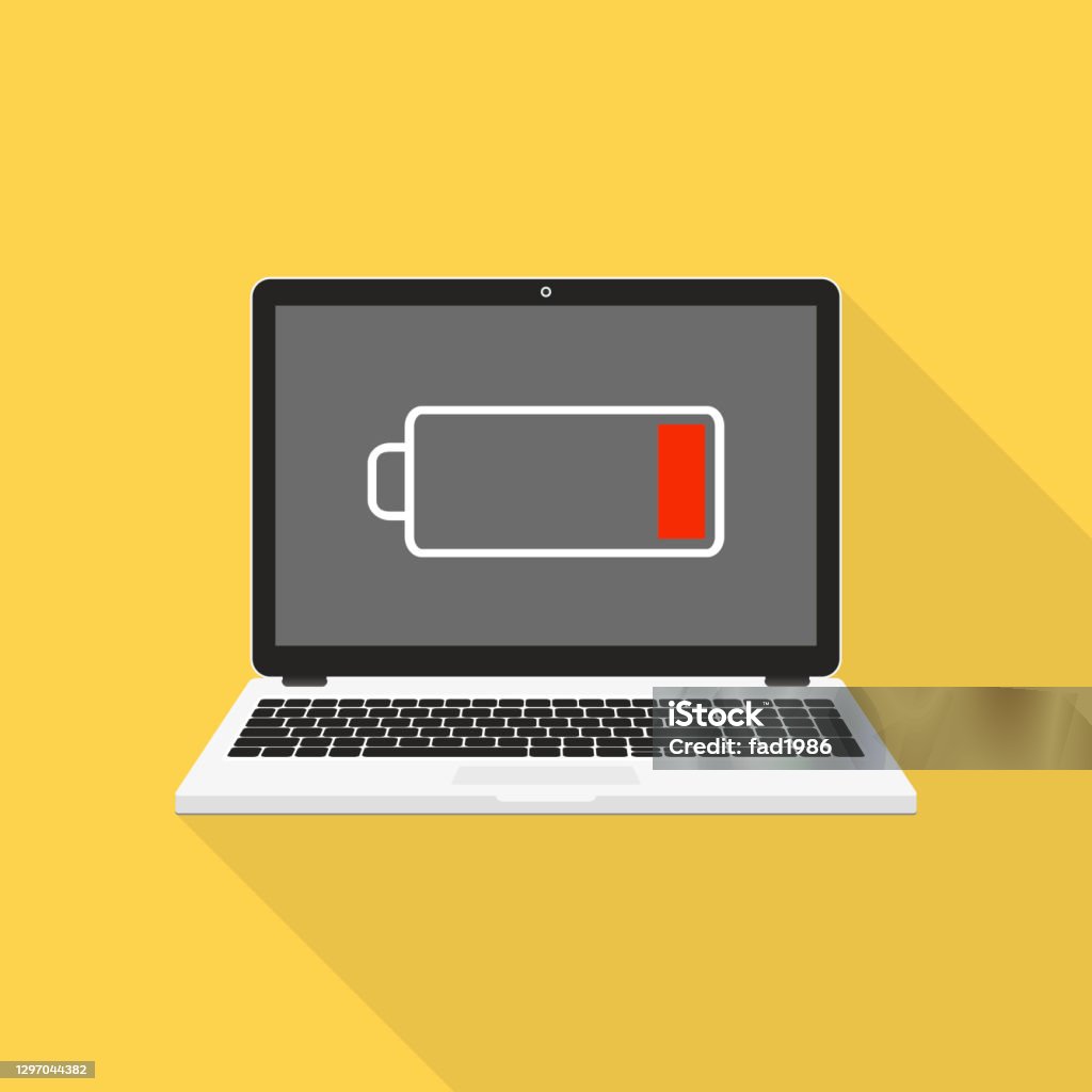 Laptop with low battery sign on screen vector illustration. Laptop with low battery sign on screen. Vector Illustration. Flat style design. Battery stock vector