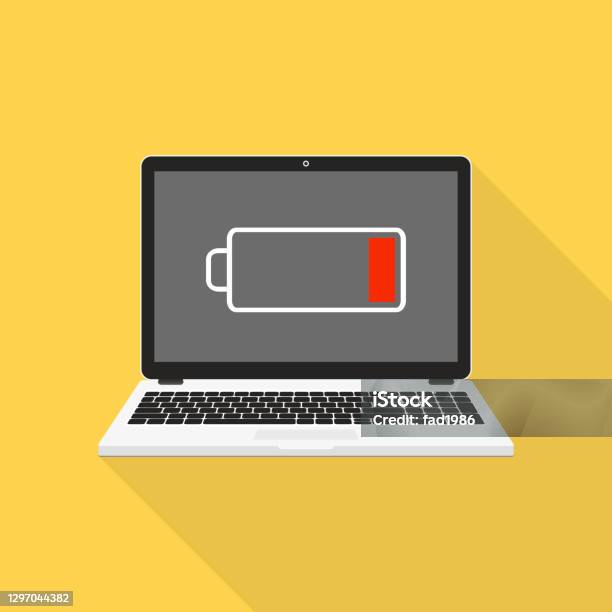 Laptop With Low Battery Sign On Screen Vector Illustration Stock Illustration - Download Image Now