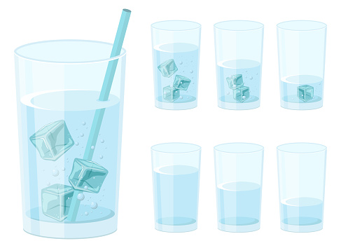 Beautiful vector design illustration of water glass with ice cube set isolated on white background