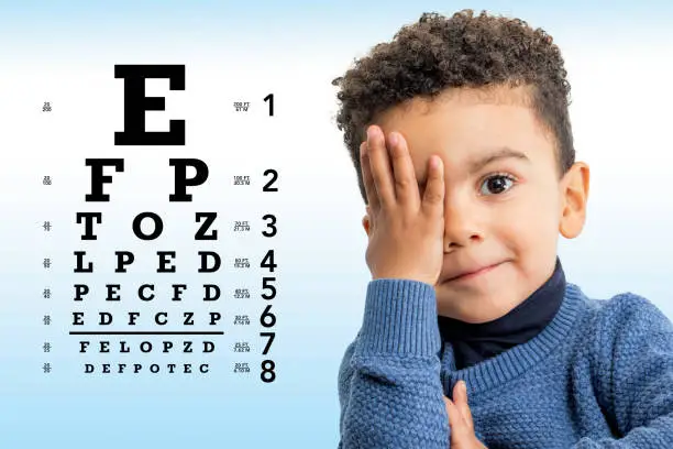 Close up face shot of little Afro American boy testing vision. Kid with closing on eye with hand. Vision chart with block letters in background.
