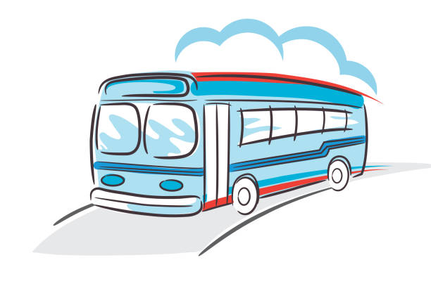 Cute Sketchy Bus Simple hand drawn bus with clouds. Flat colors. No background. Bus is on a transparent background in the vector file. journey clipart stock illustrations