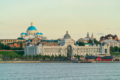 The Naval cathedral of Saint Nicholas in Kronstadt (Morskoy Nikolskiy Sobor) and the Anchor (Yakornaya) Square on a sunny summer morning, Kronstadt, St. Petersburg, Russia