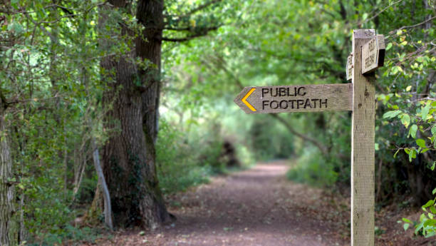 Secluded footpath Secluded footpath in a forest with a wooden sign "public footpath" nature reserve stock pictures, royalty-free photos & images