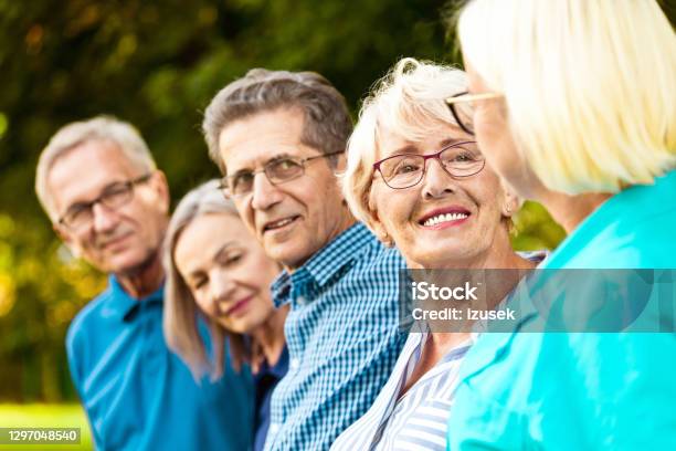 Outdoor Portrait Of Happy Seniors Stock Photo - Download Image Now - Senior Adult, Group Of People, Community