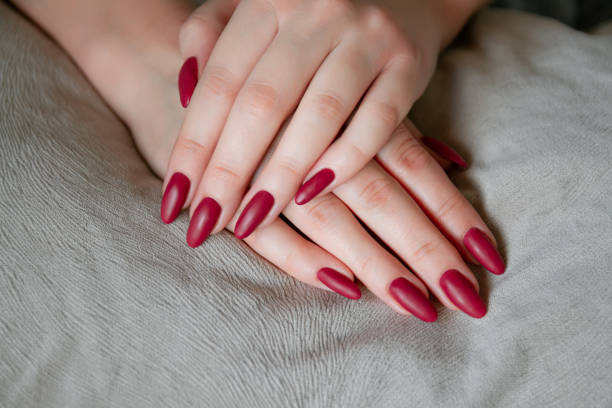 istock Model woman showing red shellac manicure on long nails 1297048872