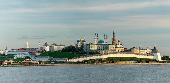 Panoramic view on Kazan Kremlin from other side of Volga river