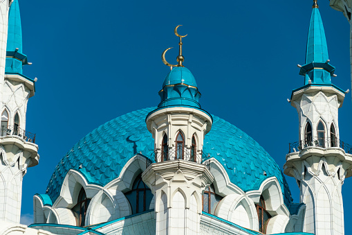 Close-up Kazan minaret in blue sky