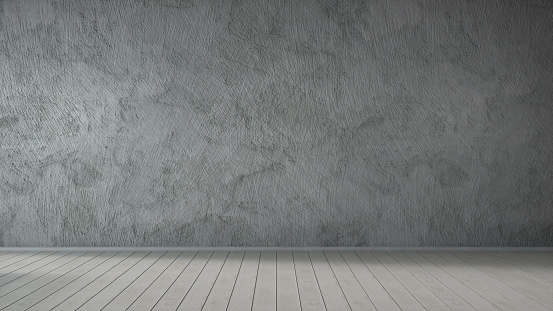 Empty room with concrete wall and wooden floor, grey background. 3d rendering.