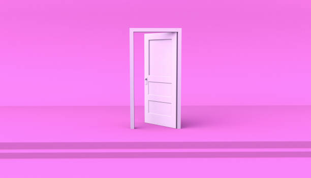 istock White door open on a pink background on some steps. 3D illustration. Minimal. Modern. 1297051841