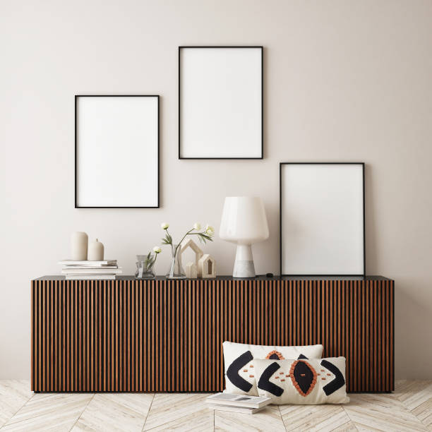 istock mock up poster frame in modern interior background, scandinavian style, 3D render 1297052545