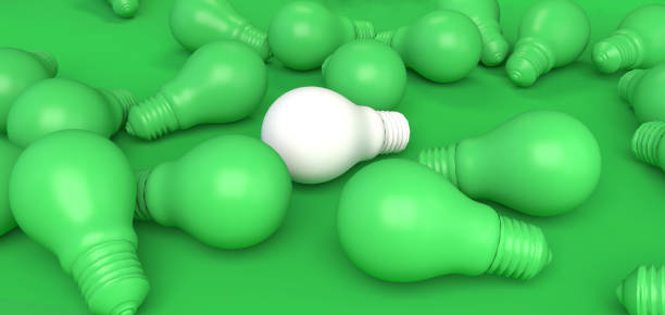 istock Green bulbs with differentiated white bulb. 3D illustration. 1297052914