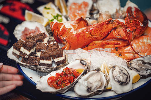 Fresh seafood plate with lobster and oysters