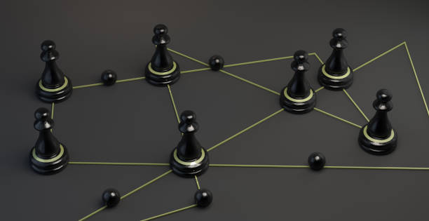 istock Black chess pieces on golden lines. Teamwork. Map. 3d illustration. 1297054093