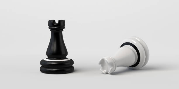 istock Black chess rook wins white. Isolated on white background. Banner. 3d illustration. 1297054128