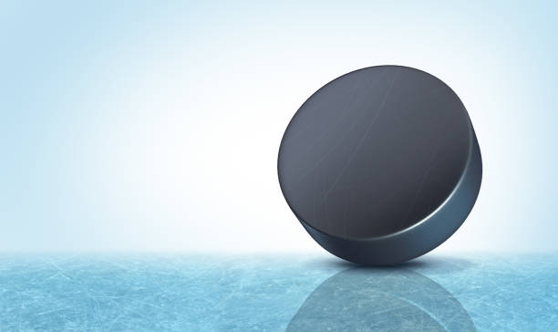 Hockey Puck Background Hockey puck background on an ice rink with blank copy space as a winter team sport 3D render elements. hockey puck stock pictures, royalty-free photos & images