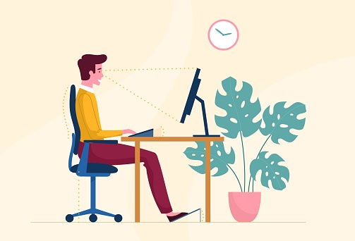 Correct sitting posture when working on a computer.. Ergonomic concept, Right position for healthy back. Distance between screen and eyes, Good chair height, footrest. Flat cartoon vector illustration