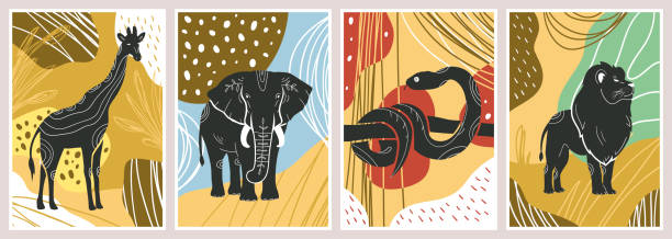 Abstract posters with animals Wild jungle animals such as snake, giraffe, elephant and lion abstract poster set. Set of print templates. Animals with floral ornament and geometrical shapes on back. Vectror illustrations elephant art stock illustrations