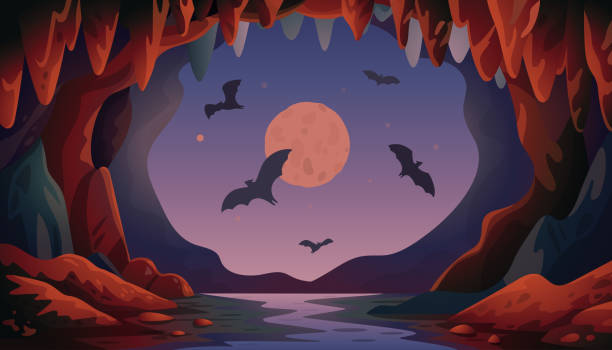 コウモリと洞窟。夜のパノラマのベクトルの風景を飛ぶコウモリと月。フラットな漫画スタイルでのベクトルイラスト - bat vampire silhouette halloween点のイラスト素材／クリップアート素材／マンガ素材／アイコン素材