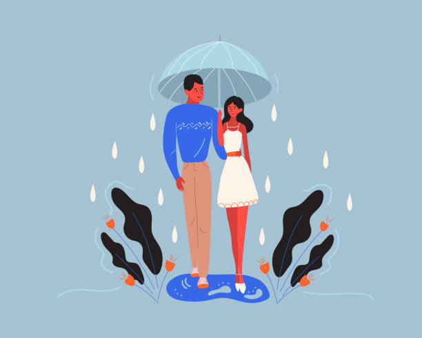 istock A young couple walking under an umbrella while raining. The illustration decorated with plants and simple shapes. Minimal artistic style and loving atmosphere. A concept of vector illustration. 1297060531