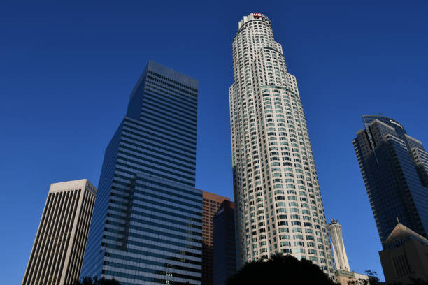 Los Angeles, CA, USA - October 10, 2019: The US Bank Tower, FourFortyFour South Flower, Bank of America Plaza and other skyscrapers in the Bunker Hill neighborhood of downtown Los Angeles, as well as the Los Angeles Central Library (lower right-hand corner).
