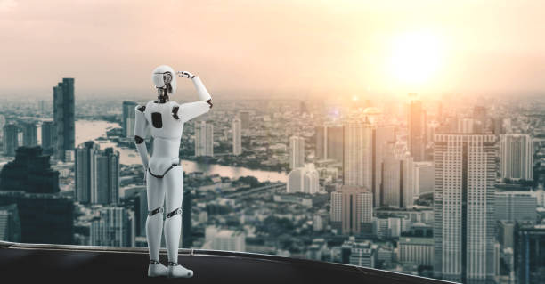 istock 3D illustration robot humanoid looking forward against cityscape skyline 1297065594