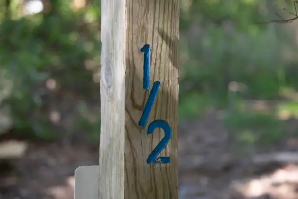 Wooden post in nature marked as one-half (1/2) in blue numerals