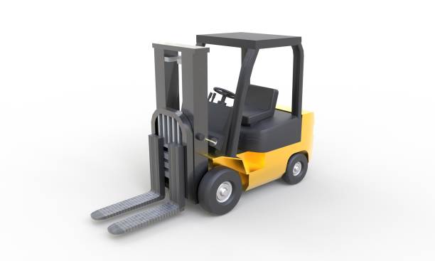 istock Yellow forklift with empty fork parking on white background. Transportation and Industrial concept. Shipment and delivery storage. 3D illustration rendering 1297066670