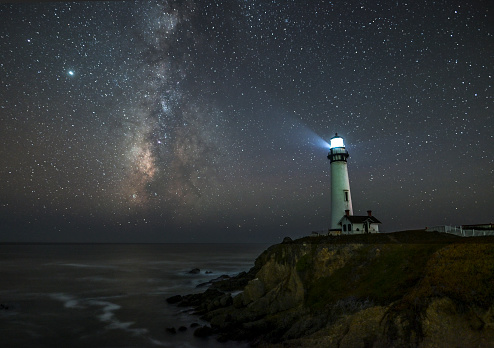 The Milky Way over Pigeon Point Lighthouse near Pescadero, California.