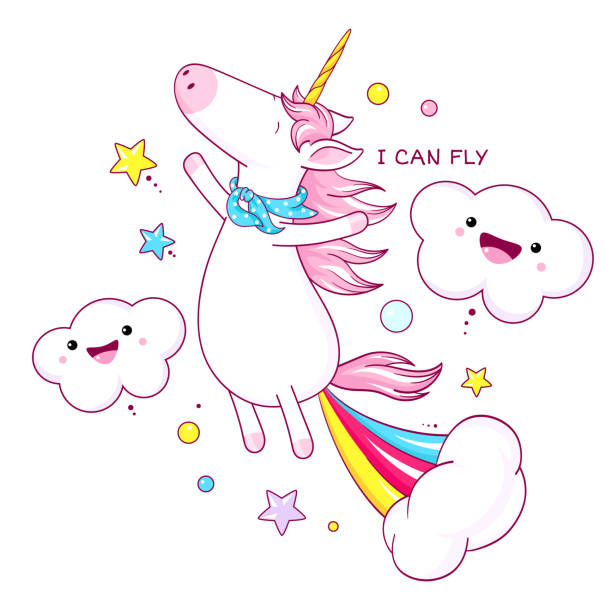 Cute unicorn farting with rainbow and smoke exploding out from his bottom Cute unicorn floating in air and farting with rainbow and smoke exploding out from his bottom. Farting cartoon unicorn and Inscription I can fly. Can be used for t-shirt print, stickers. Vector EPS8 Unicorn stock illustrations