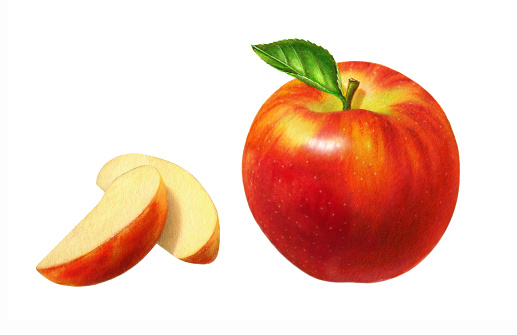 An illustration of a red gala apple, with two slices on the left side.