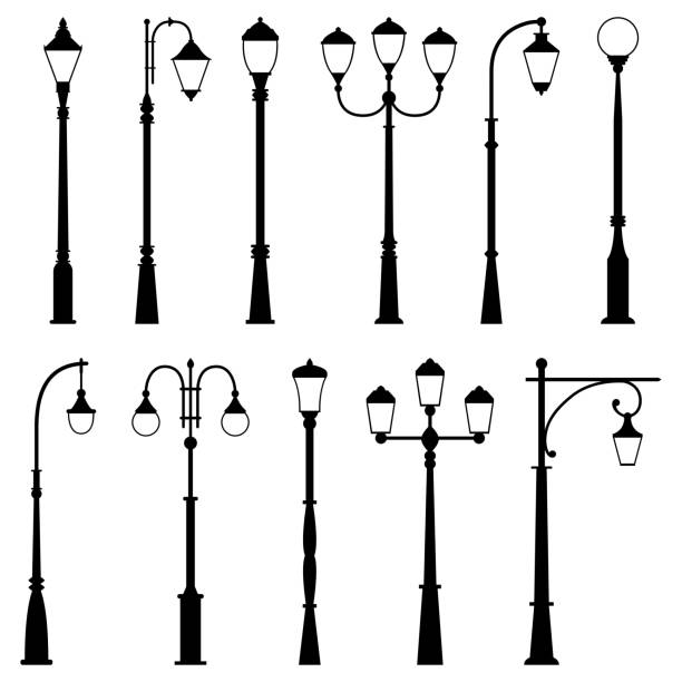 ilustraciones, imágenes clip art, dibujos animados e iconos de stock de conjunto de farolas, ilustración vectorial - street night street light lamp